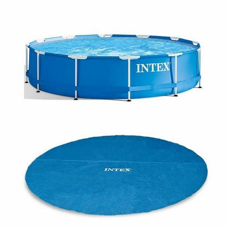 * Intex 12 Foot X 30 In. Easy Set And Metal Frame Pool W/ Solar Cover Tarp, Blue Sporting Goods