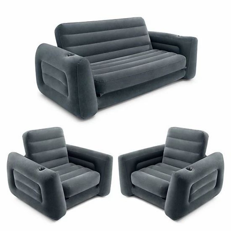 * Intex Queen Size Inflatable Pull-Out Sofa Bed Couch And Chair Sleeper, Dark Gray Sofas & Sectionals