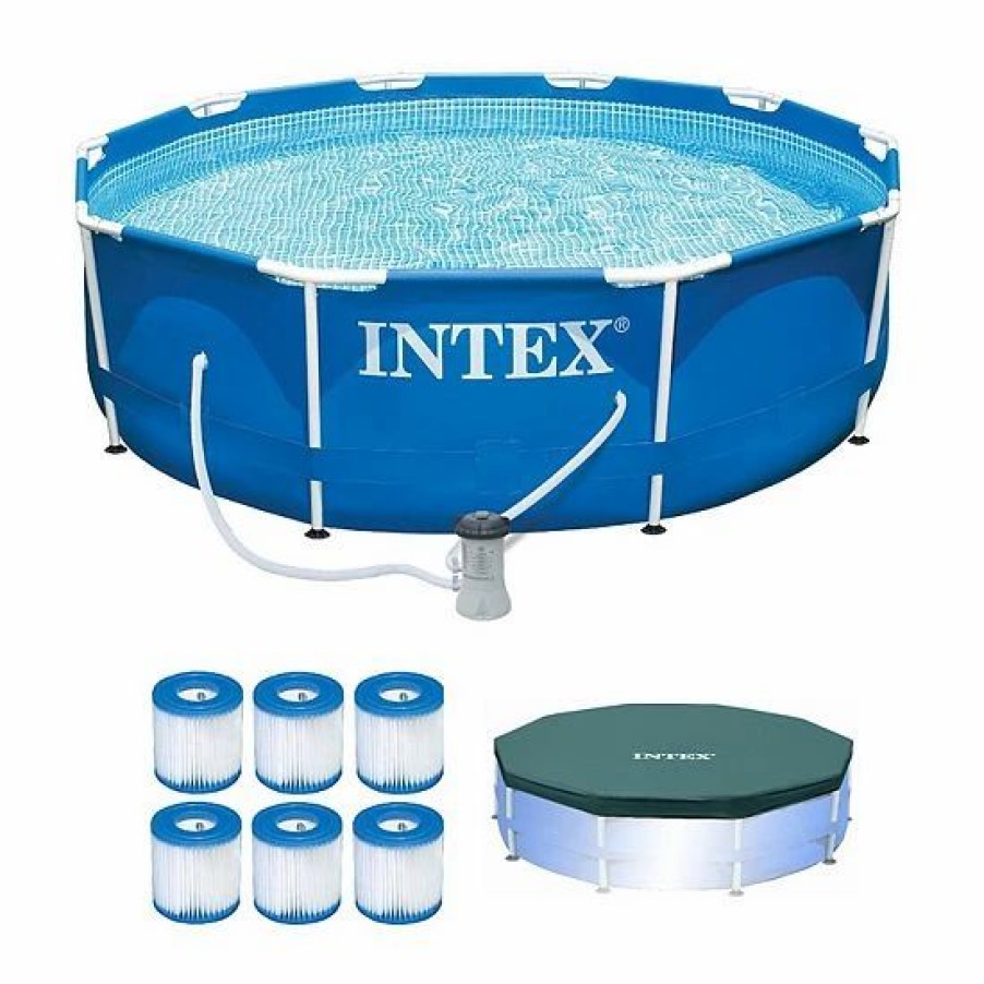 * Intex Metal Frame Pool W/ Pump & Type H Filters (6 Pack) & 10' Round Pool Cover Sporting Goods