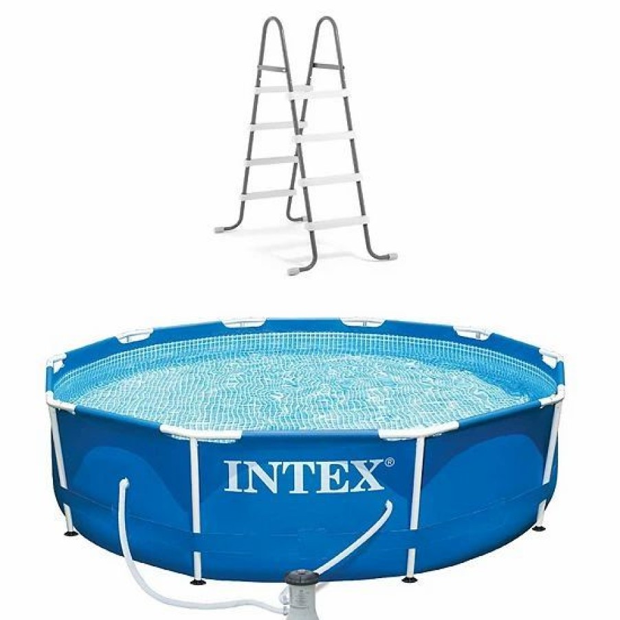 * Intex 10Ft X 30In Metal Frame Above Ground Pool & Intex Steel Frame Pool Ladder Sporting Goods